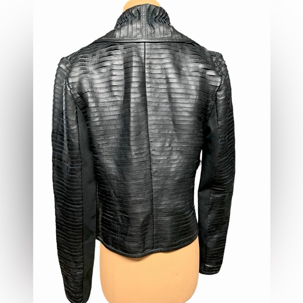 Black Leather Ribbed Draped Jacket - Womens - Picture 5 of 11
